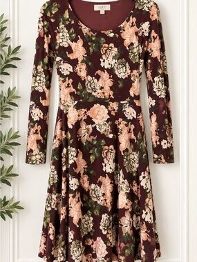 LOFT Outlet Burgundy Floral Long Sleeve Fit & Flare Dress Size M NWOT